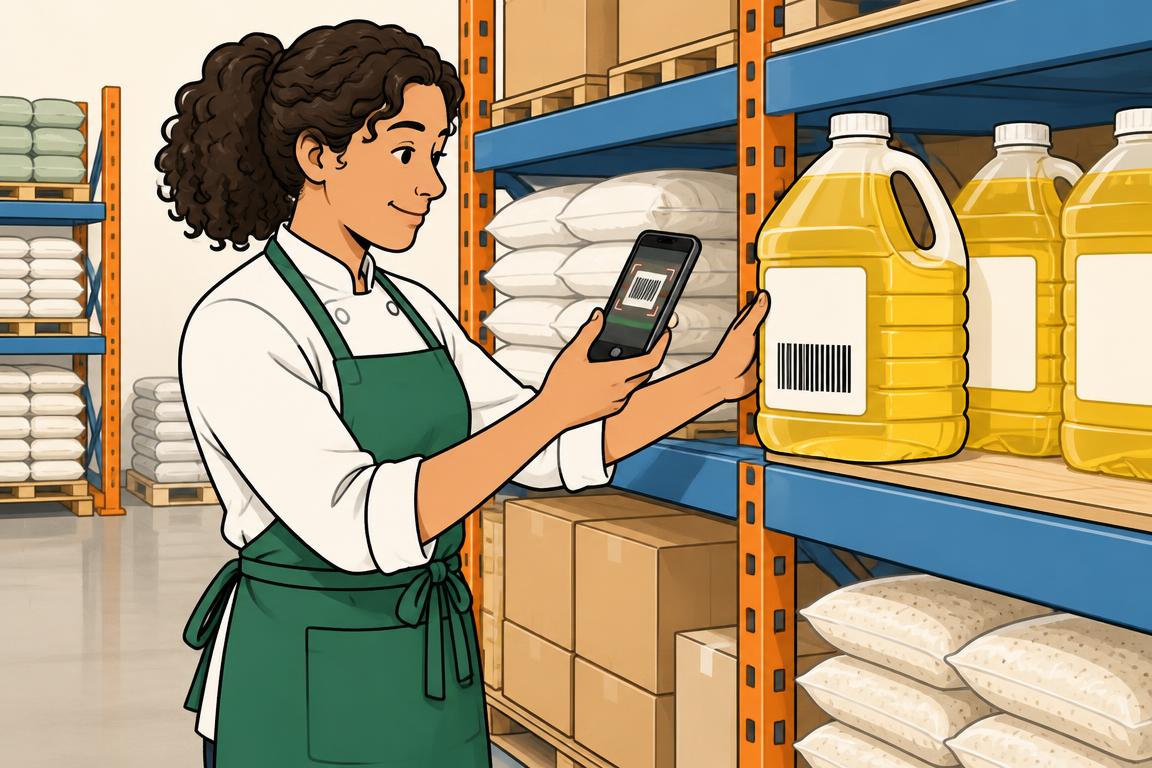 A cook scans the barcode on a generic oil jug on a warehouse store shelf.