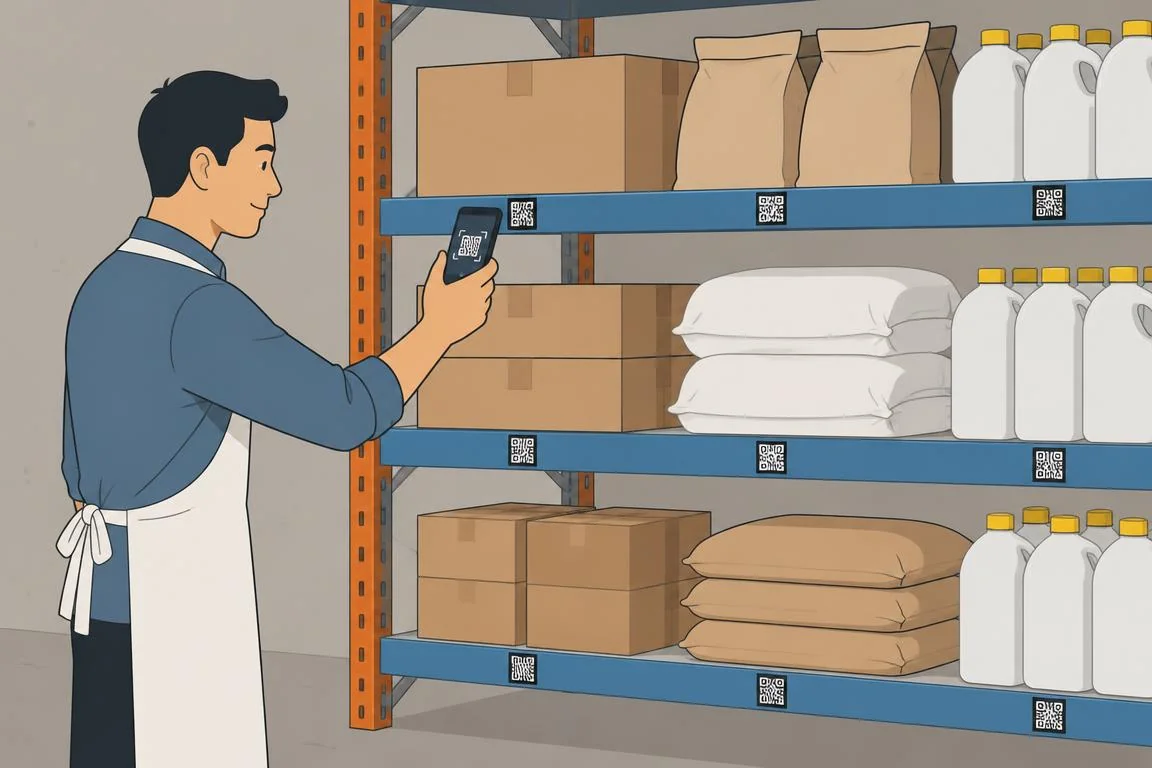 A restaurant staff member scans a QR sticker on the edge of a metal storeroom shelf holding boxes, bags and jugs, with a label beneath each item.